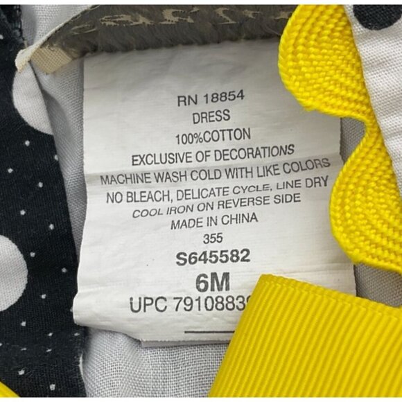 Rare Too! Infant Girls Black White Polka Dot Sundress Yellow Ric Rac Trim Bow 6M - Picture 5 of 6